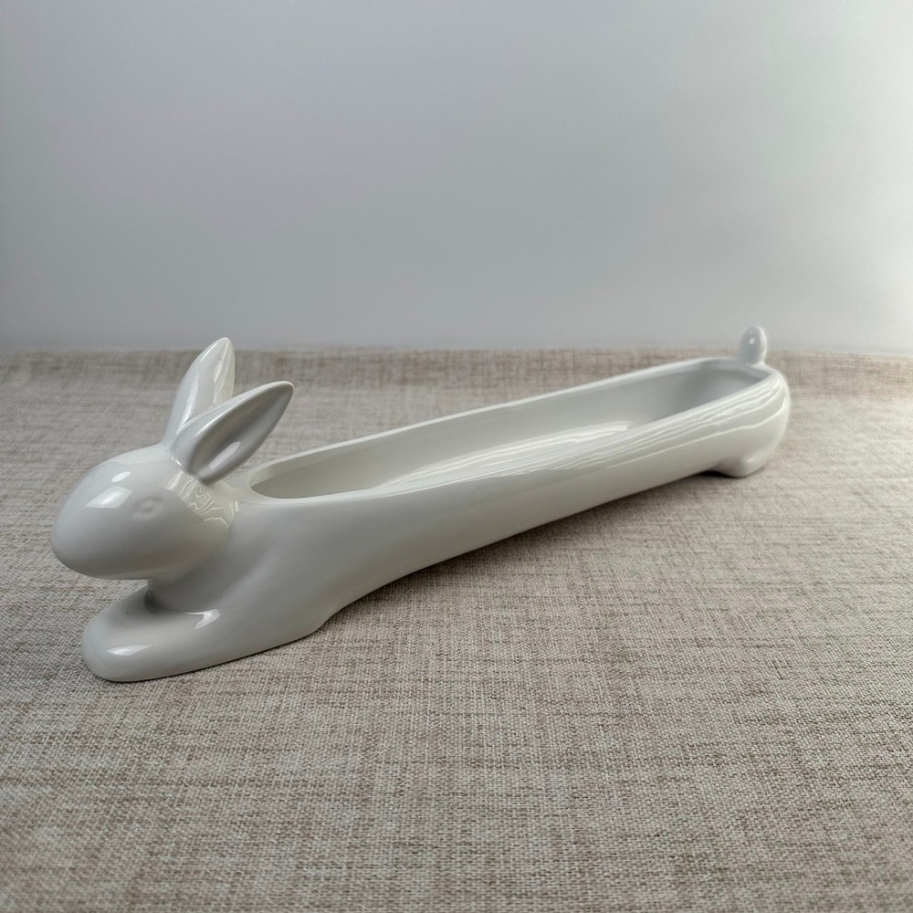 White Ceramic Rabbit Bunny Long Decorative Tray Centerpiece 16"